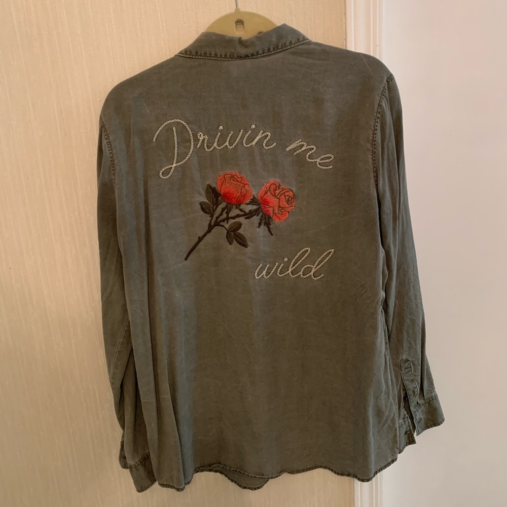 Express Distressed Embroidered Button-down Shirt